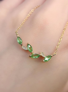 银镀黄金镶嵌天然沙弗莱只此青绿树叶时尚潮流小清新百搭锁骨链潮
