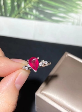 银镀白金配钻镶嵌缅甸鸽血红玫红水滴形爱心时尚小清新百搭戒指