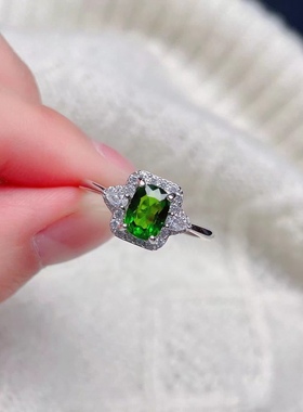 银镀白金钻镶嵌天然透辉石只此青绿时尚潮流小清新百搭戒指活口调