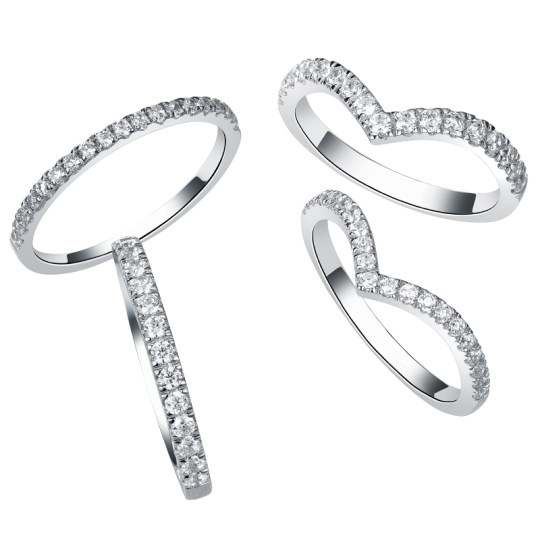 卓蝶珠宝仿钻石排钻戒指纯银镶钻排戒镀18K白金V戒护戒尾戒女情侣