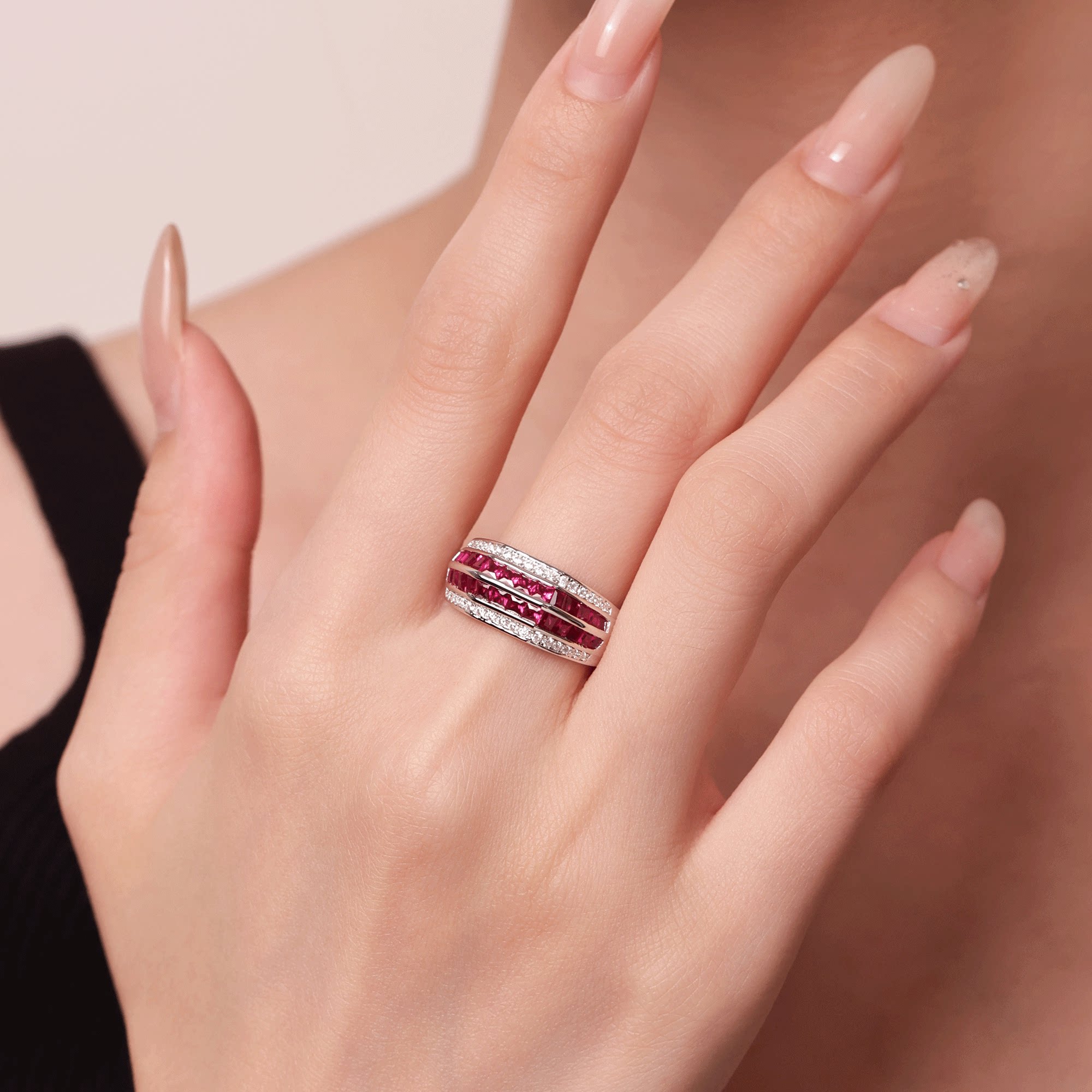 Three-color square colored gem micro-set ring, light luxury and niche personality