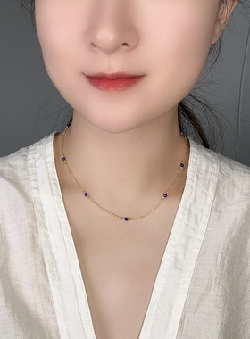 纯银镀金青金石间珠项链女ins风