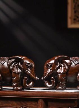 黑檀木雕大象摆件实木质雕刻一对