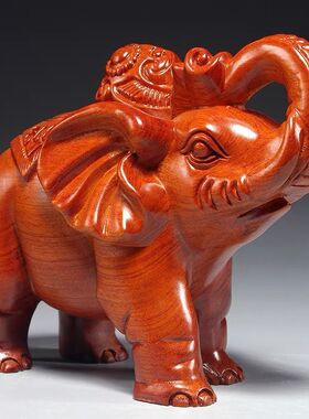 花梨木雕刻大象摆件家居办公室装饰一对招财吸水象工艺品开业送礼