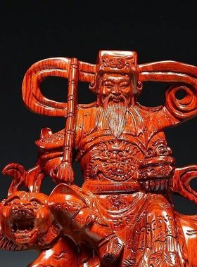 花梨木雕刻武财神赵公明骑虎神像