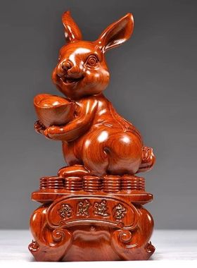 绿色实木雕兔子摆件招财进宝生肖