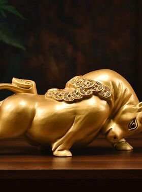 金色实木雕金钱牛木雕摆件财运牛