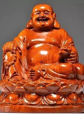 黑檀木雕弥勒佛像摆件坐莲笑佛实木质雕刻家居客厅红木工艺礼品