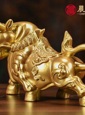 木雕牛摆件牛气冲天生肖牛金色实木雕刻工艺品家居客厅生日礼物