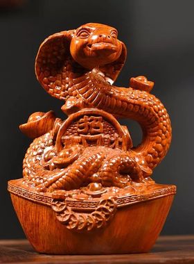 绿色实木十二生肖蛇摆件动物实木雕刻家居客厅办公装饰红木工艺品