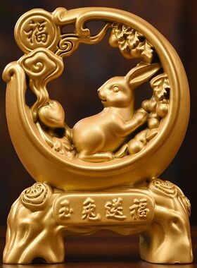 绿色木雕福兔子摆件实木十二生肖雕刻家居客厅装饰红木工艺送礼品