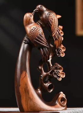 黑檀木雕喜上眉梢喜鹊摆件家居客厅电视柜根雕红木工艺品乔迁送礼