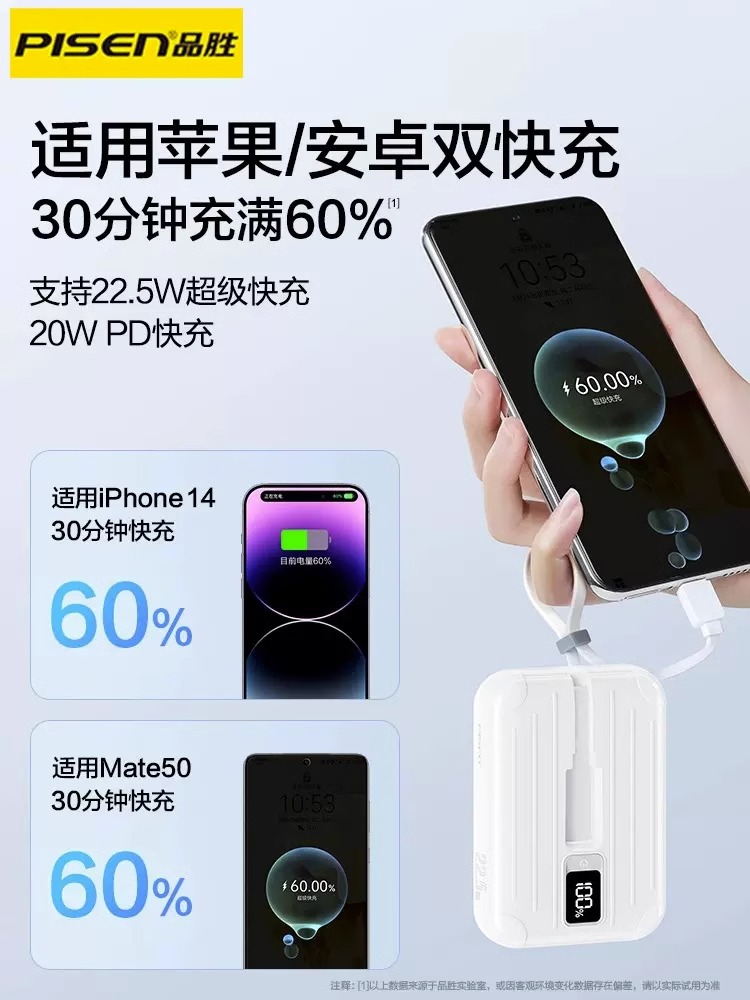 品胜mini充电宝22.5W超级快充双自带线10000毫安超薄小巧便携移动电源大容量适用于华为小米苹果14专用正品 - 图1