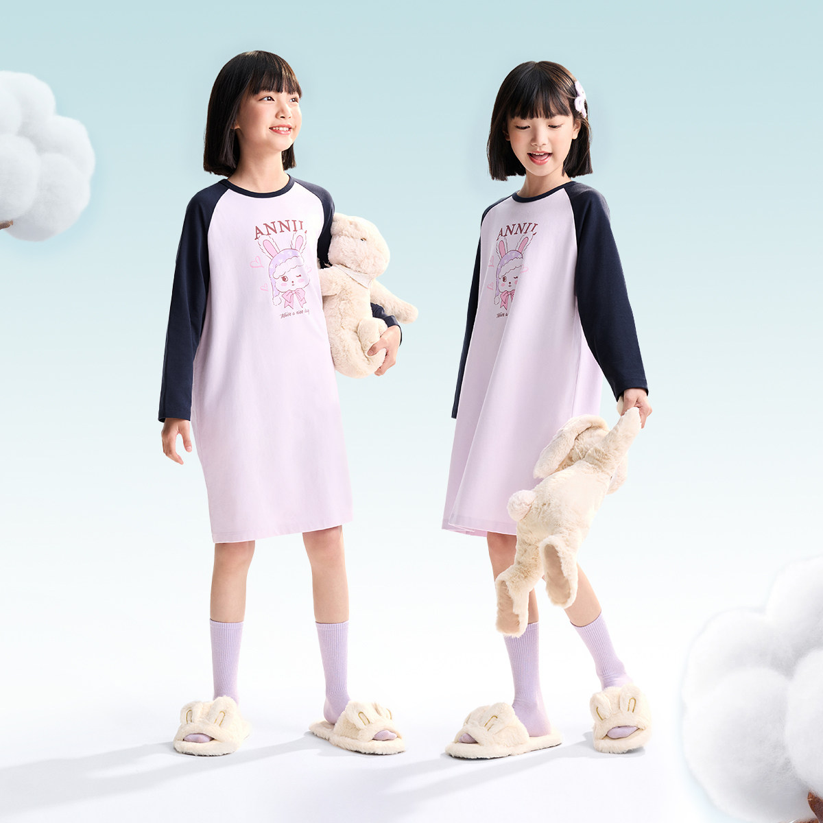 安奈儿童装女童长袖睡裙秋新款甜美印花弹力轻薄透气家居裙,淘宝优惠券,粉丝福利购,淘宝优惠卷