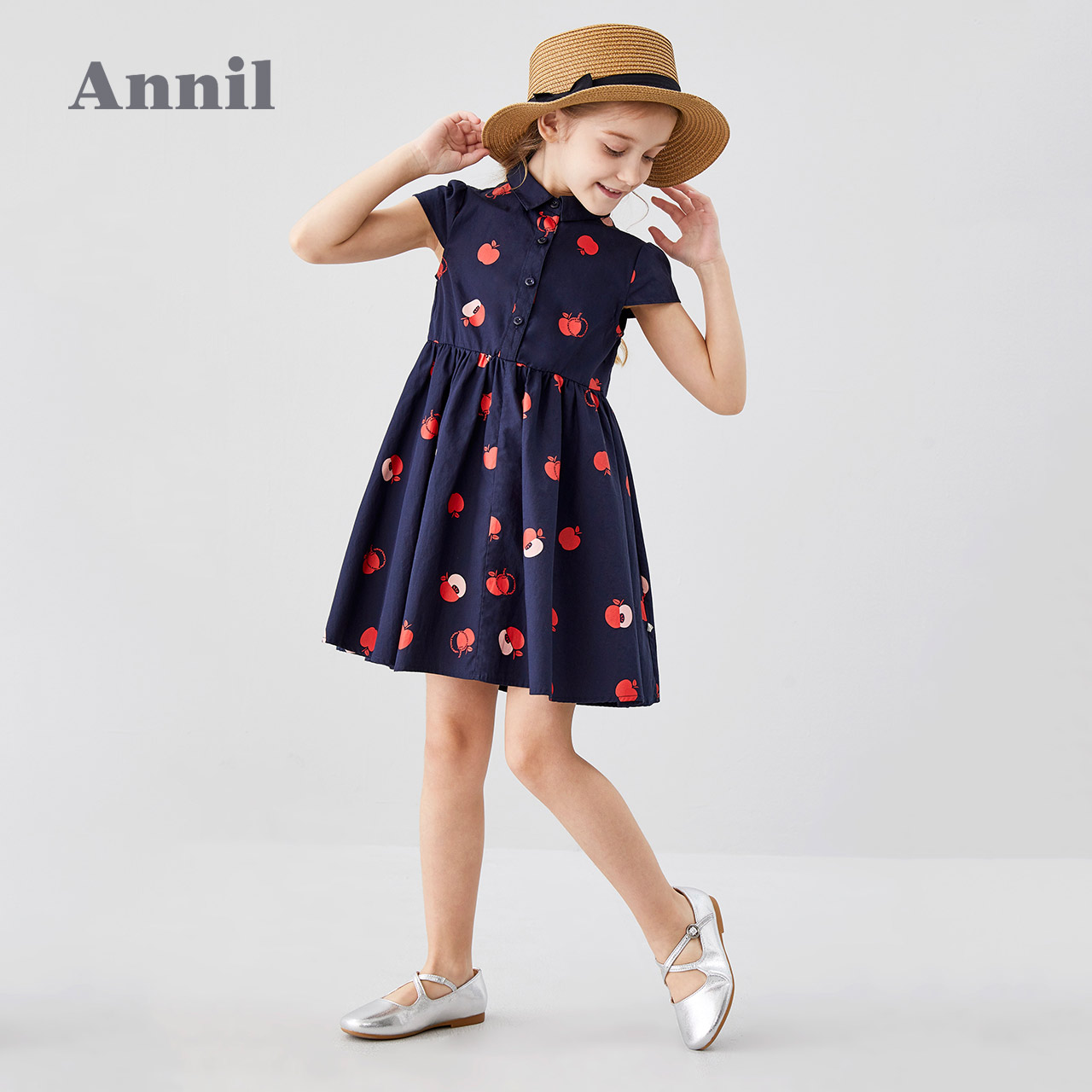 安奈儿旗舰店安奈儿童装女童连衣裙短袖夏季新款复古风轻薄洋气中大童裙子2