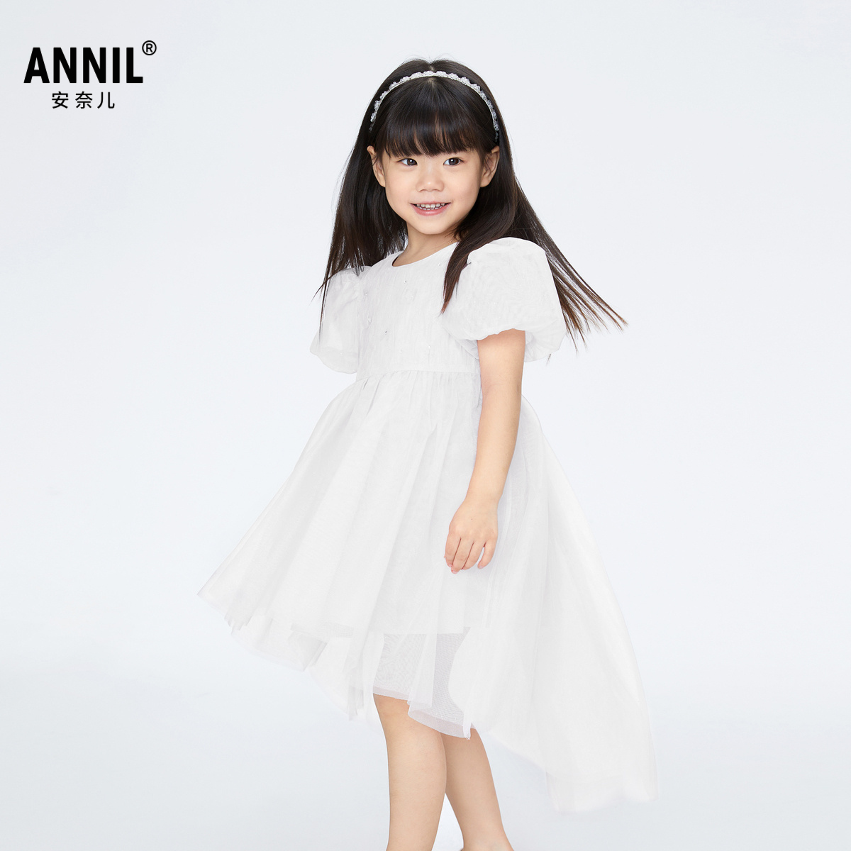 【商场同款】安奈儿童装女童礼裙新款夏白色演出服XG423713 - 图0