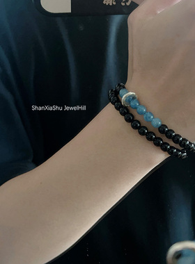 山下树 s925银平安福天然黑曜石海蓝宝手串男情侣生日礼物女手链