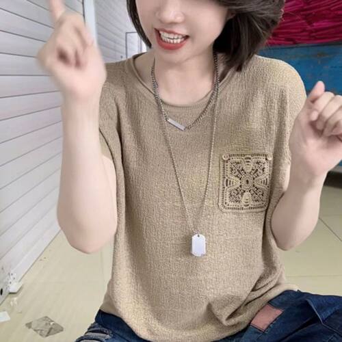 针织衫女短袖薄款大码圆领2025新款夏洋气小衫蝙蝠袖t恤上衣 - 图3