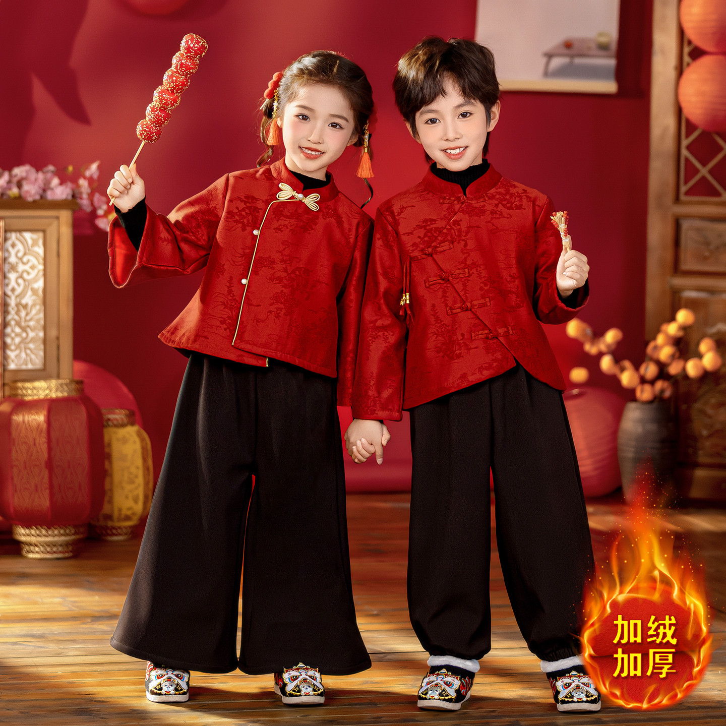 男童加绒汉服秋冬季新中式女童唐装套装中国风古装儿童元旦表演服,淘宝优惠券,粉丝福利购,淘宝优惠卷