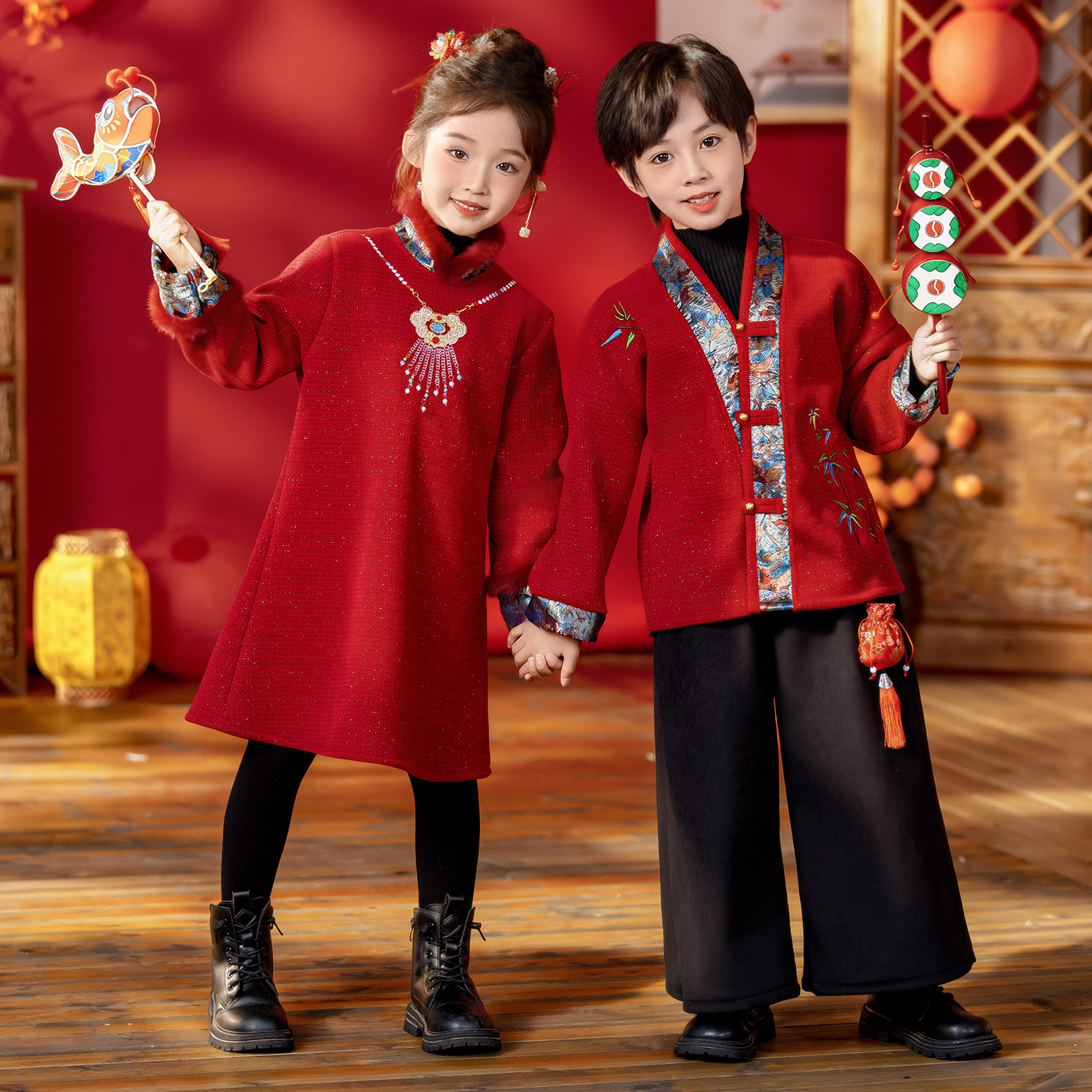 男童加绒汉服古装冬季新中式拜年服女童唐装套装中国风儿童表演服,淘宝优惠券,粉丝福利购,淘宝优惠卷
