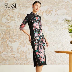 SUSSI/古色夏季新品商场同款混色新中式旗袍式印花连衣裙