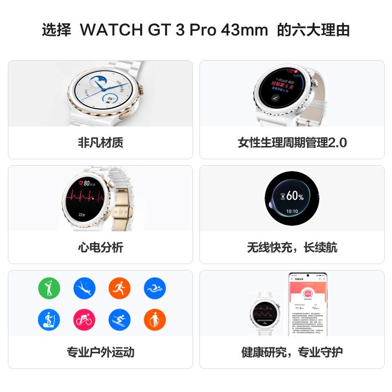新品!华为女款43mm陶瓷huawei手表 华为乐之途智能手表