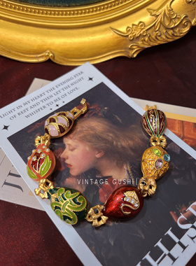 中古vintage铜镀金复古莫奈花园莱茵石珐琅釉天鹅造型彩蛋手链女