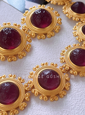 中古Vintage哑光雾金圆形重工果冻琉璃项链耳夹复古夸张锁骨链女