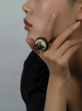 中古vintage西洋复古蜜蜂夸张黑玛瑙食指戒指小众设计高级感指环