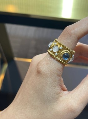 中古vintage法国设计师Goo*sens复古巴洛克微镶水晶戒指女食指环