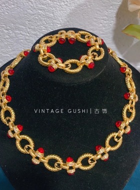 中古vintage复古董宫廷风素金几何圆环琉璃项链手链锁骨链颈链女