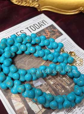 中古vintage法式复古绿松石串珠短项链小众设计民族风颈链锁骨链
