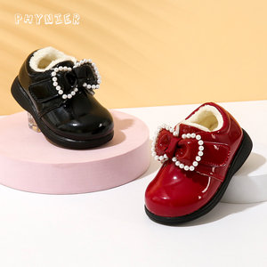 菲尼尔女童棉鞋红色皮鞋宝宝学步棉鞋软底幼儿园黑皮鞋冬季保暖鞋