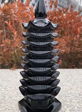 天然黑曜文昌塔九层13层塔原石光黑色水晶吉祥物家居风水摆件