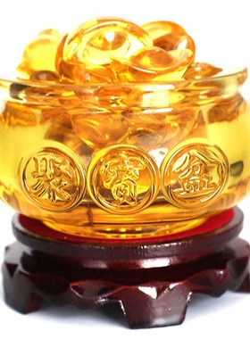 黄水晶聚宝盆元宝摆件琉璃貔貅一对开业礼品套装过招财装饰品光面