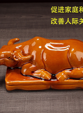 陶瓷卧牛摆件家居装饰品招财纳福风水摆设旺运缺角补角卧牛土黄色