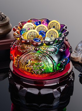 黄水晶琉璃聚宝盆钱袋储钱灌存钱罐吉祥如意福气家居客厅福袋摆件