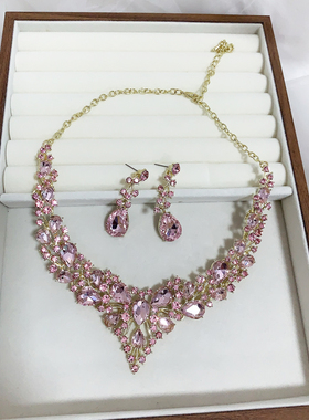 成人礼聚会礼服项链耳饰浅粉色宝石套链宴会饰品礼服婚纱摄影M113
