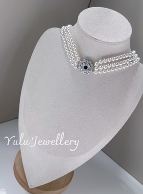 母贝仿珍珠澳白色正圆厚镀真金扣镶嵌蓝锆石法式复古宫廷风颈链女