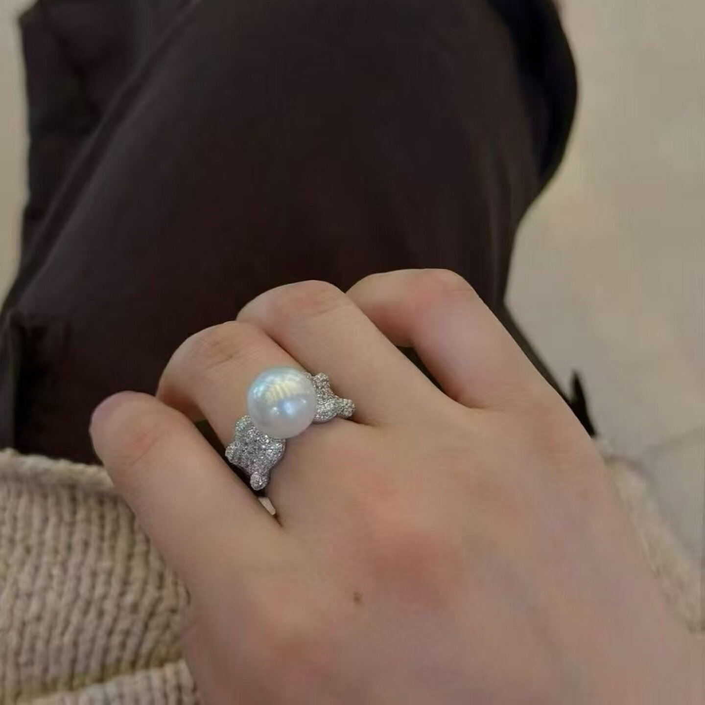 Freshwater pearl round sterling silver full set open ring