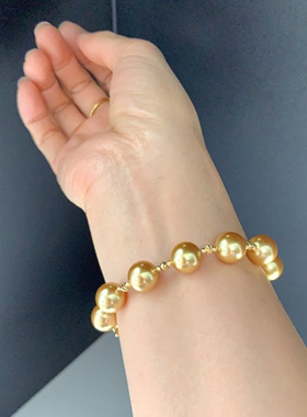 南洋母贝仿珍珠10mm正圆强光茶金色注金小金球间隔手链时尚经典女