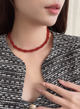 红色玛瑙双层缠绕项链S925银扣