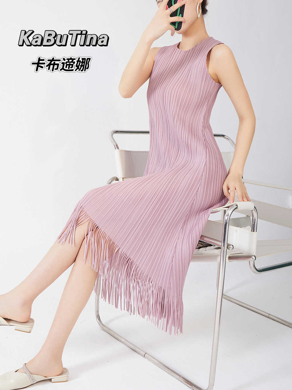 卡布遆娜促销褶皱连衣裙女无袖直筒流苏条款气质百搭套装裙子