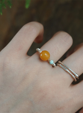 蜜蜡S925碎银戒指串珠戒指