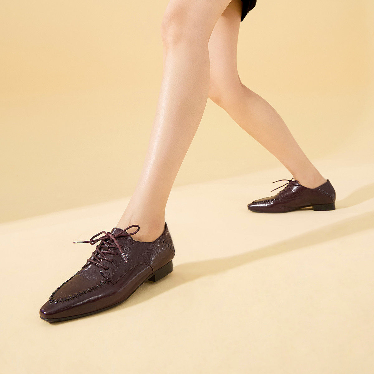 手抓纹羊皮女鞋秋季复古尖头低跟深口系带单鞋英伦时装鞋牛津鞋女,淘宝优惠券,粉丝福利购,淘宝优惠卷