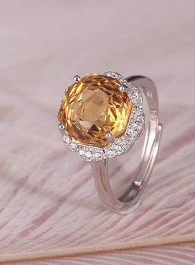 黄晶彩宝女纯银指环开口戒指