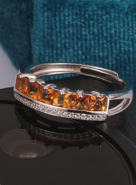 天然彩宝黄水晶戒指女款 s925镶嵌宝石时尚气质开口排戒纯银彩宝