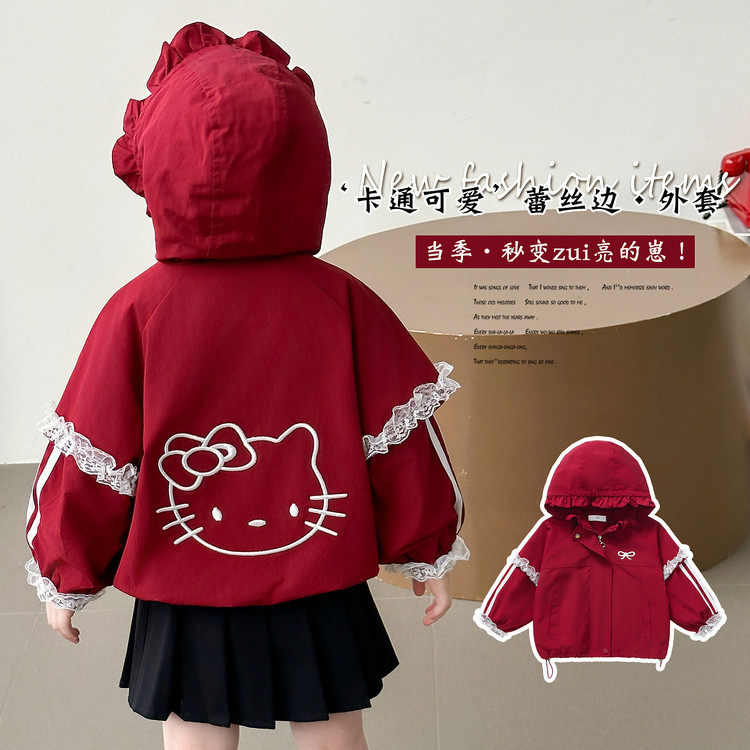 女童红色卡通外套春装连帽花边洋气时髦休闲上衣春秋长袖单排扣,淘宝优惠券,粉丝福利购,淘宝优惠卷