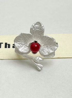 新中式小众设计银色蝴蝶兰戒指轻奢高级感复古花朵开口可调节指环