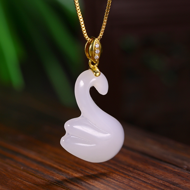 Hehe Jade Hetian Jade 18k gold mutton fat white jade gold inlaid jade swan pendant pendant jade inlaid diamond necklace for women